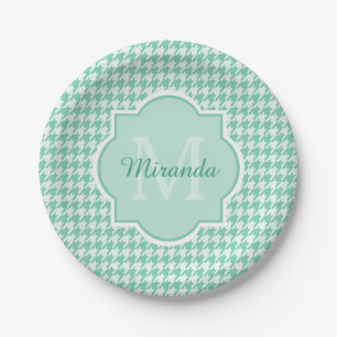 Chic Monogram Mint Green Houndstooth With Name Paper Plate