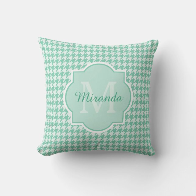 Chic Monogram Mint Green Houndstooth With Name Throw Pillow (Front)