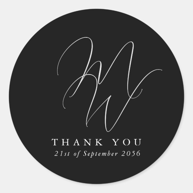 Chic Monogram Modern Black Wedding Thank you Classic Round Sticker (Front)