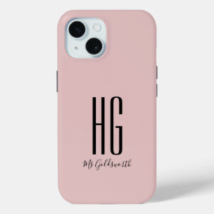 Chic Monogram Name Dusty Blush Pink iPhone 15 Case