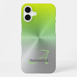 Chic Monogram Name Lime Green Ombre Faux Metal iPhone 16 Plus Case