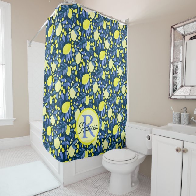 Chic Monogram Name Rustic Citrus Lemons Blue Leaf (In Situ)