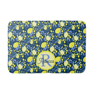 Chic Monogram Name Rustic Citrus Lemons Blue Leaf Bath Mat