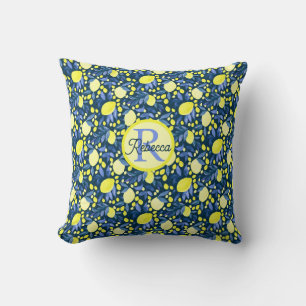 Chic Monogram Name Rustic Citrus Lemons Blue Leaf Throw Pillow