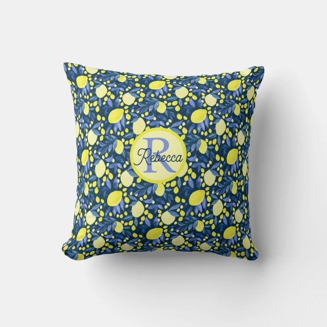 Chic Monogram Name Rustic Citrus Lemons Blue Leaf Throw Pillow (Front)