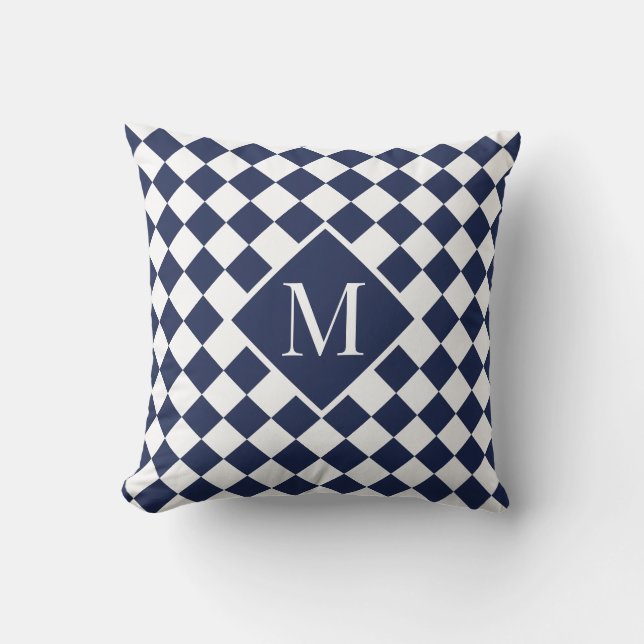 Chic Monogram Navy Blue White Chequered Pattern Throw Pillow (Front)