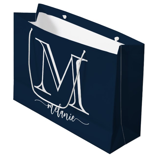 Chic Monogram Navy Blue White Large Gift Bag (Front Angled)