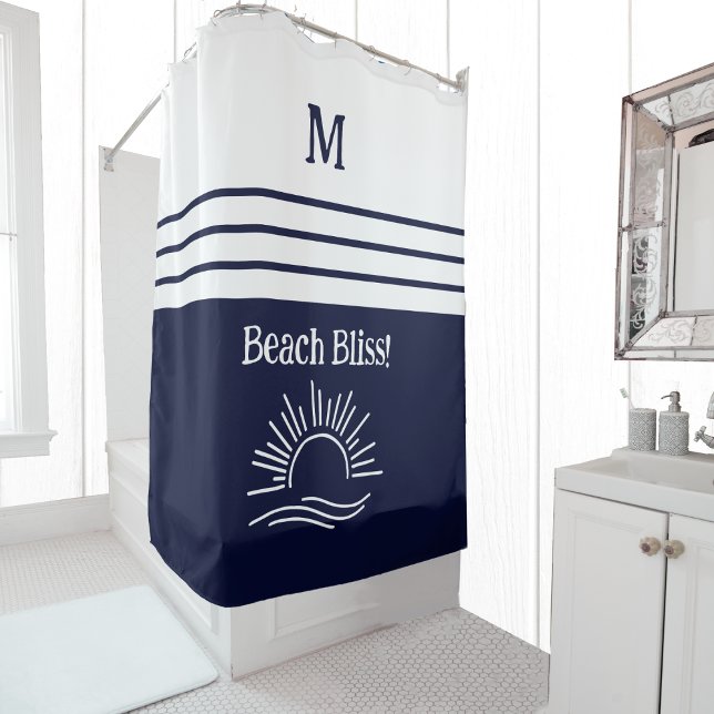Chic Monogram Navy Blue White Stripes Beach House (Creator Uploaded)
