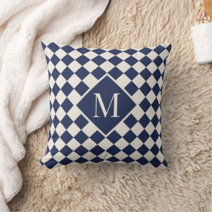 Chic Monogram Navy Cream Chequered Pattern Throw Pillow