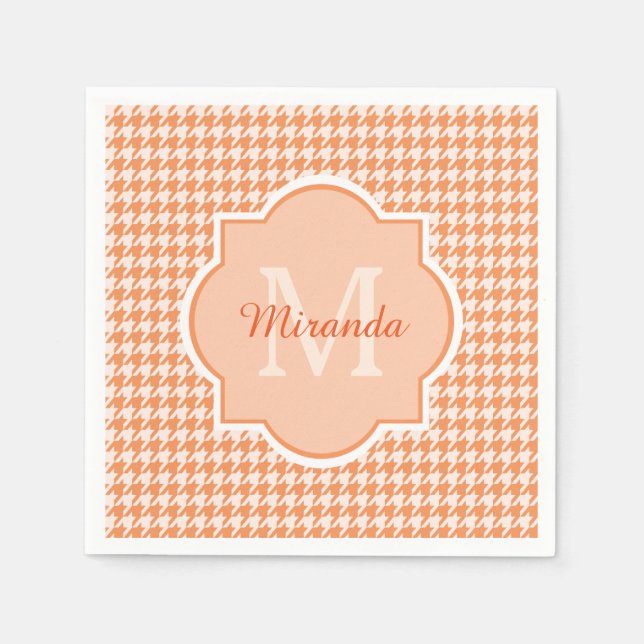 Chic Monogram Orange Houndstooth With Name Napkin (Front)