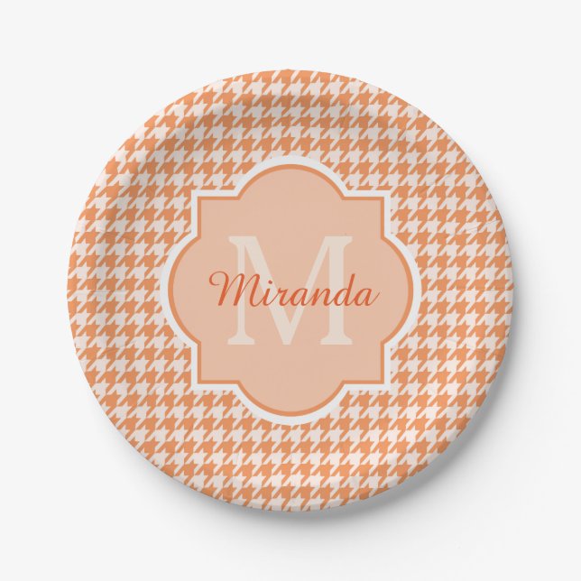 Chic Monogram Orange Houndstooth With Name Paper Plate (Front)
