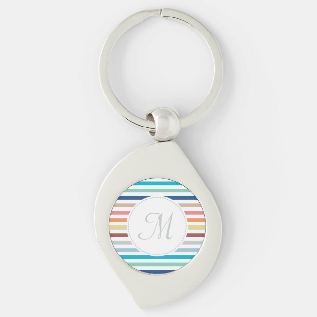 Chic Monogram Pastel Rainbow Horizontal Stripes Keychain (Front)