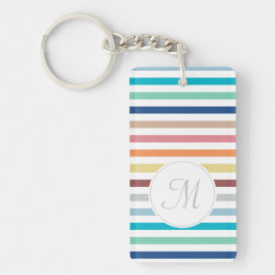 Chic Monogram Pastel Rainbow Horizontal Stripes Keychain