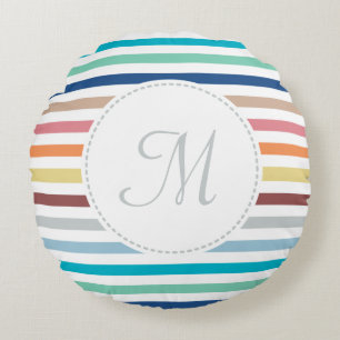 Chic Monogram Pastel Rainbow Horizontal Stripes Round Pillow