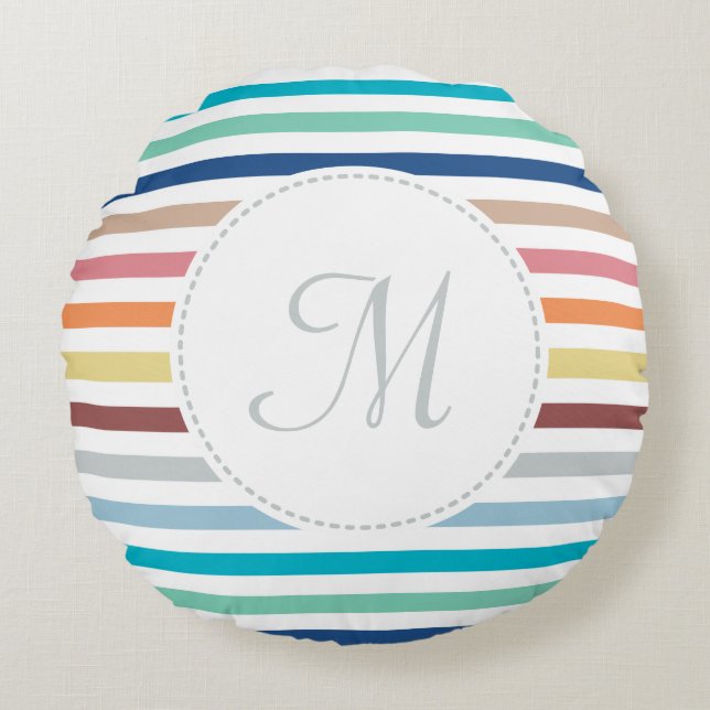 Chic Monogram Pastel Rainbow Horizontal Stripes Round Pillow (Front)