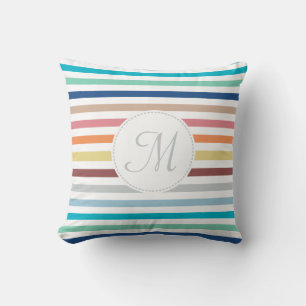 Chic Monogram Pastel Rainbow Horizontal Stripes Throw Pillow