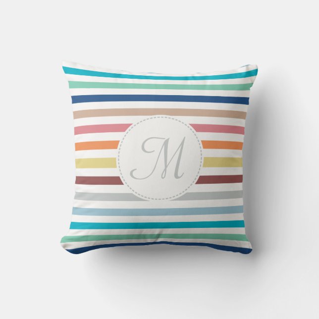 Chic Monogram Pastel Rainbow Horizontal Stripes Throw Pillow (Front)