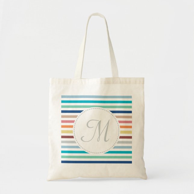 Chic Monogram Pastel Rainbow Horizontal Stripes Tote Bag (Front)
