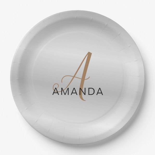 Chic monogram professional plain add your name paper plate (Front)