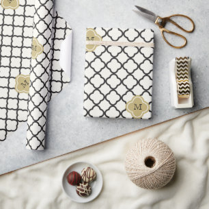 Chic Monogram Quatrefoil Pattern Art Deco Wedding Wrapping Paper