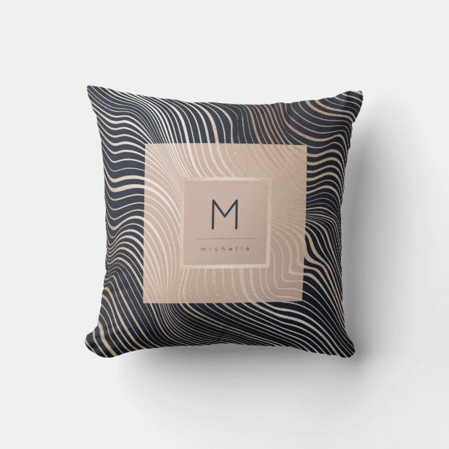 Chic Monogram Rose Gold Navy Blush Pink Modern Throw Pillow (Front)