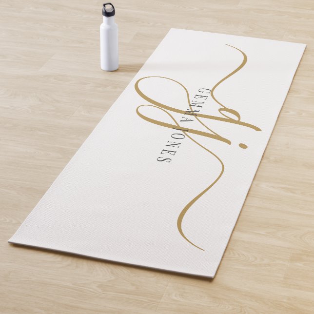 Chic Monogram Script Initials Gold Black On White Yoga Mat (In Situ)