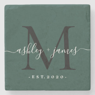 Chic Monogram Script Name Wedding Date Dark Green Stone Coaster