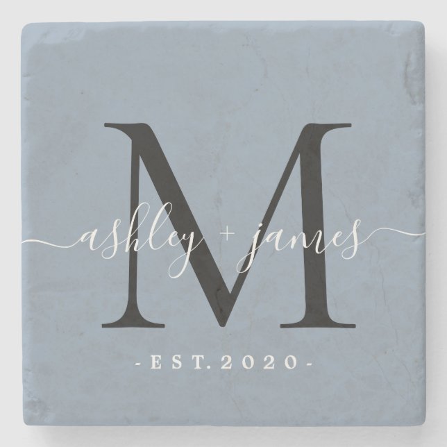  Chic Monogram Script Name Wedding Date Dusty Blue Stone Coaster (Front)