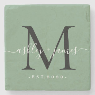 Chic Monogram Script Names Wedding Date Green Stone Coaster