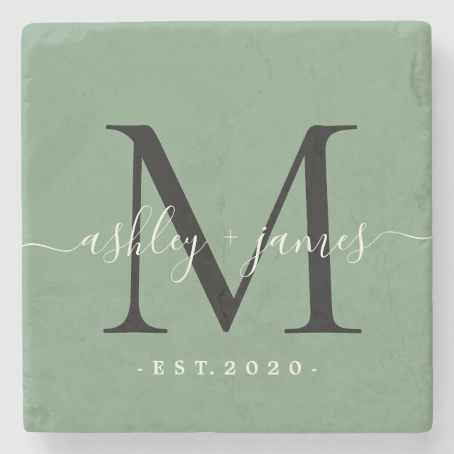  Chic Monogram Script Names Wedding Date Green Stone Coaster (Front)