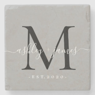 Chic Monogram Script Names Wedding Date Grey Stone Coaster