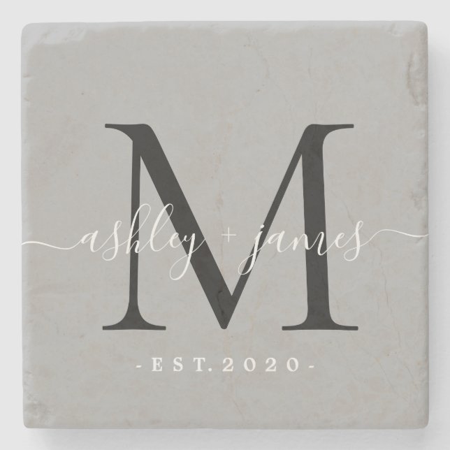  Chic Monogram Script Names Wedding Date Grey Stone Coaster (Front)