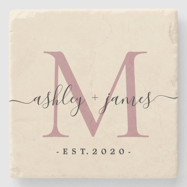 Chic Monogram Script Names Wedding Date Ivory Ston Stone Coaster (Front)