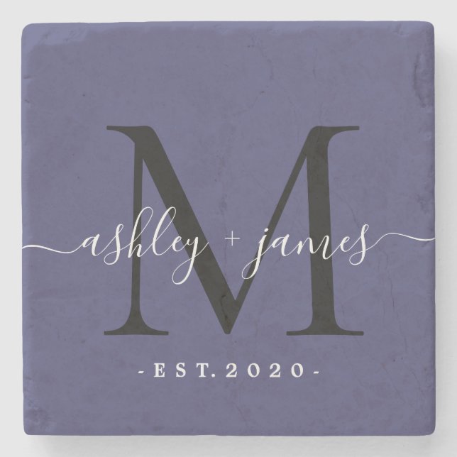  Chic Monogram Script Names Wedding Date Navy Blue Stone Coaster (Front)