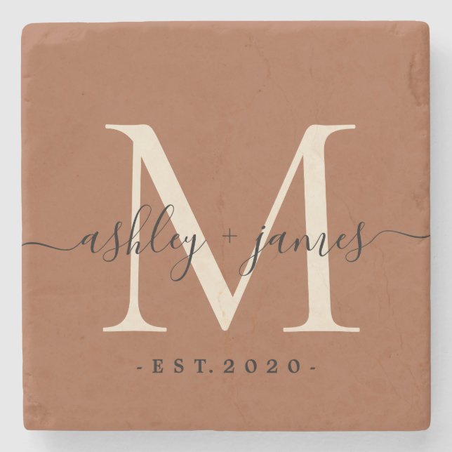 Chic Monogram Script TerraCotta Names Wedding Date Stone Coaster (Front)