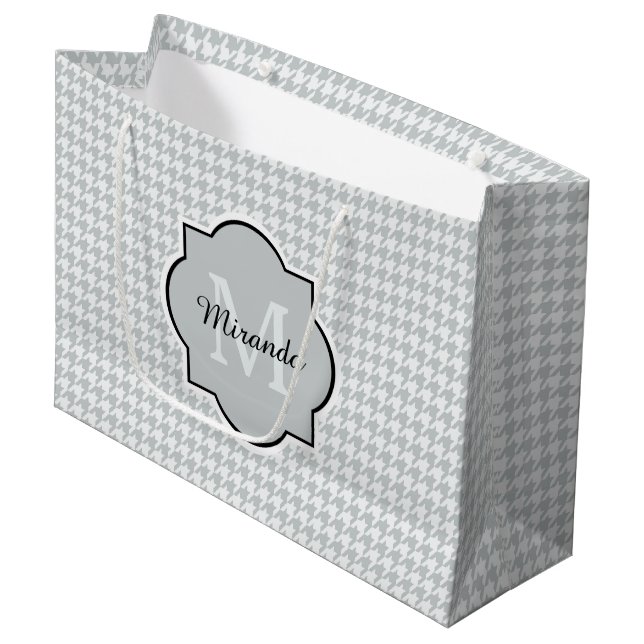 Chic Monogram Soft Grey Houndstooth With Name Large Gift Bag (Front Angled)