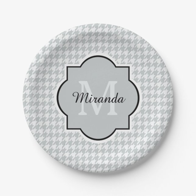 Chic Monogram Soft Grey Houndstooth With Name Paper Plate (Front)