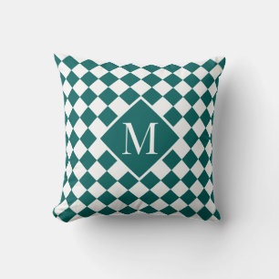 Chic Monogram Teal White Chequered Pattern Throw Pillow
