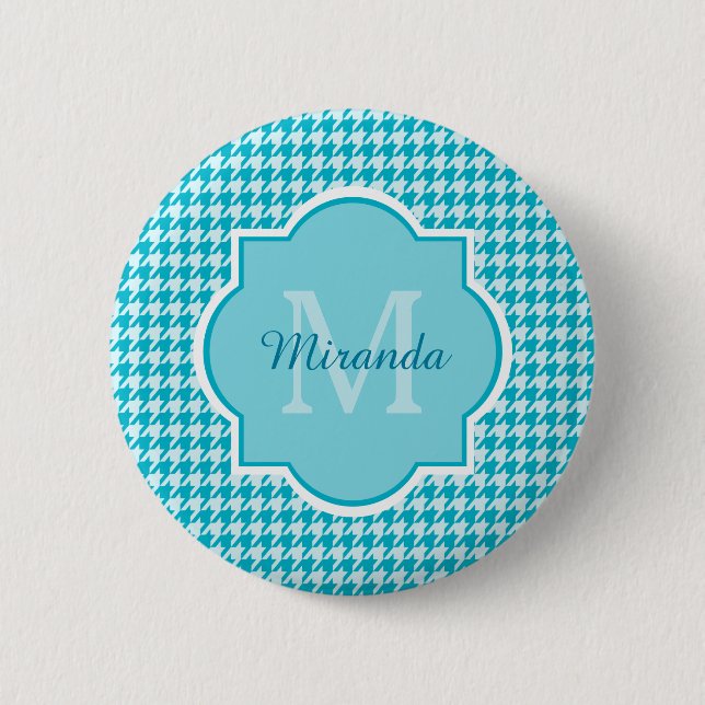 Chic Monogram Turquoise Houndstooth With Name 2 Inch Round Button (Front)