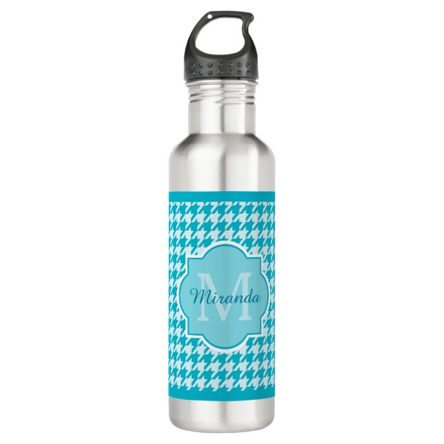 Chic Monogram Turquoise Houndstooth With Name 710 Ml Water Bottle (Front)