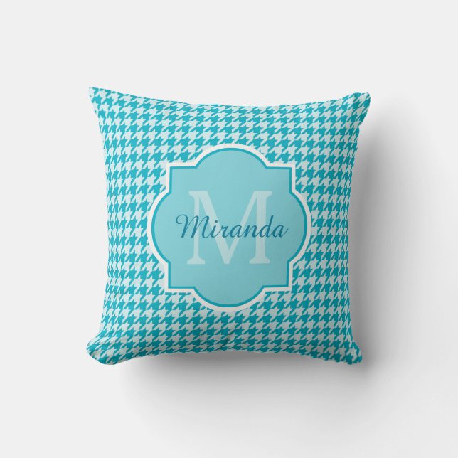Chic Monogram Turquoise Houndstooth With Name Throw Pillow (Front)