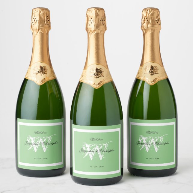  Chic Monogram Wedding Elegant Soft Mint Green Sparkling Wine Label (Bottles)