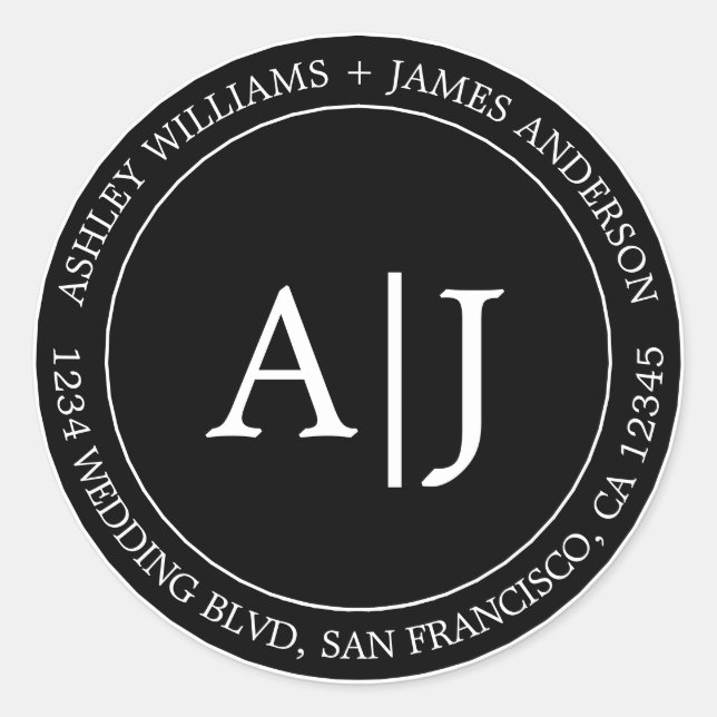 Chic Monogram Wedding Return Address Black Classic Round Sticker (Front)