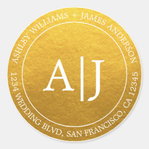 Chic Monogram Wedding Return Address Gold Classic  Classic Round Sticker
