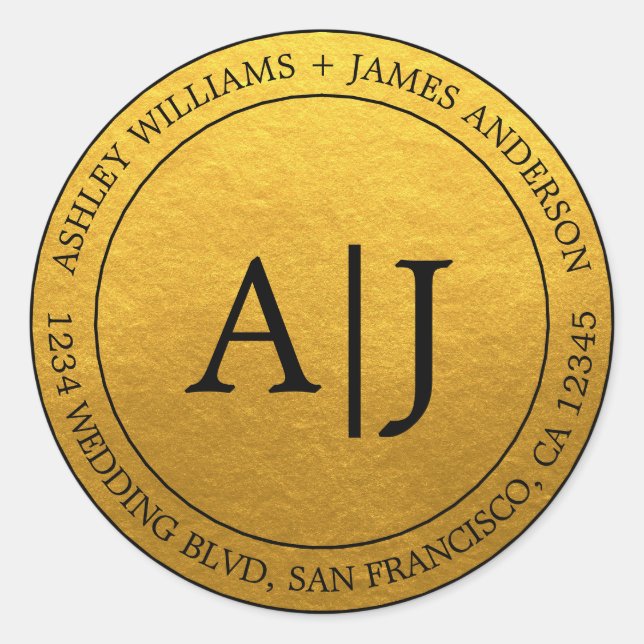 Chic Monogram Wedding Return Address Gold Classic Round Sticker (Front)