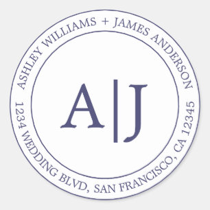 Chic Monogram Wedding Return Address Navy Blue Classic Round Sticker