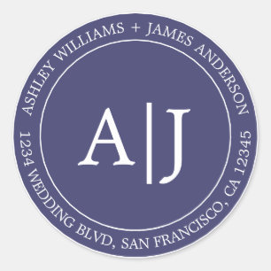 Chic Monogram Wedding Return Address Navy Blue Classic Round Sticker