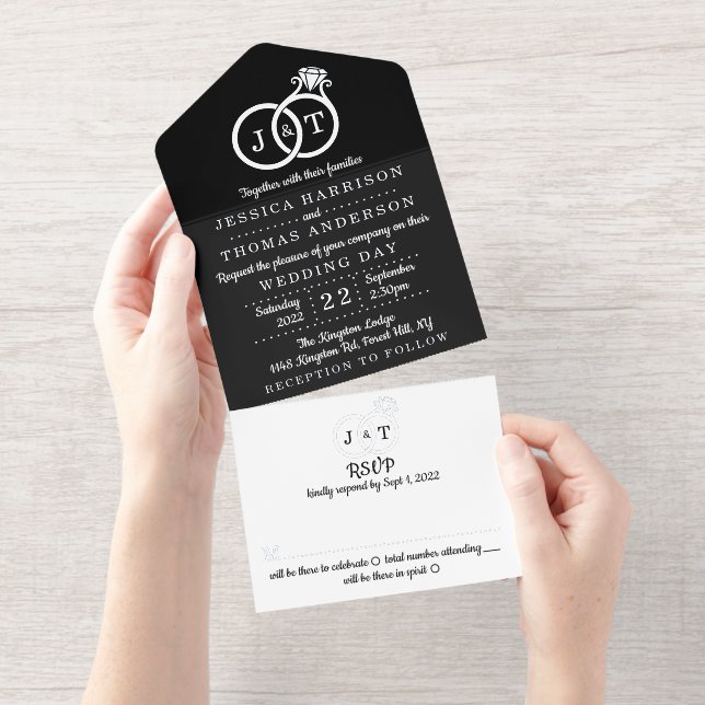 Chic Monogram Wedding Rings Real Foil Pressed All In One Invitation (Tearaway)