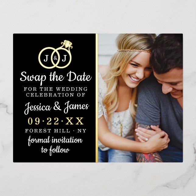 Chic Monogram Wedding Rings Save Or Swap The Date Foil Invitation Postcard (Front)