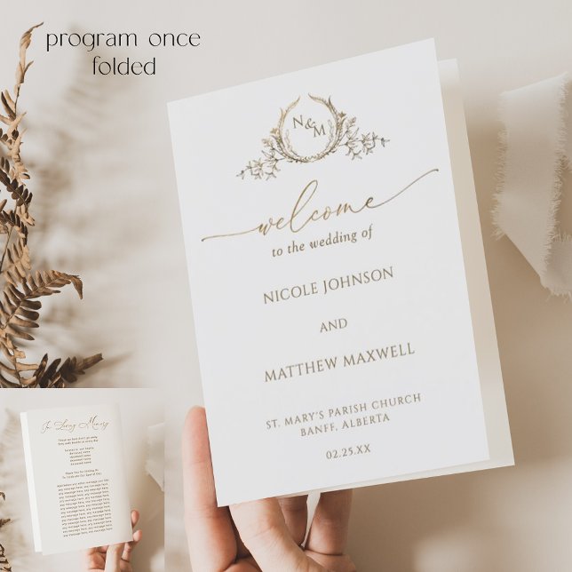 Chic Monogram White Gold Wedding Foldable Program (Creator Uploaded)